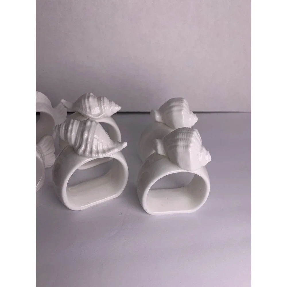 White Ceramic Nautical Napkin Rings Set of 8 Fish and‎ Seashell Coastal Decor